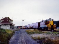 Algoma Central Railway train 2, running southbound from Hearst to Sault St. Marie, pauses at CN's Oba station.<br><br><i>John Freyseng Photo, Jacob Patterson Collection.</i>