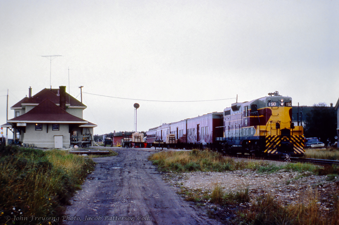 Algoma Central Railway train 2, running southbound from Hearst to Sault St. Marie, pauses at CN's Oba station.John Freyseng Photo, Jacob Patterson Collection.