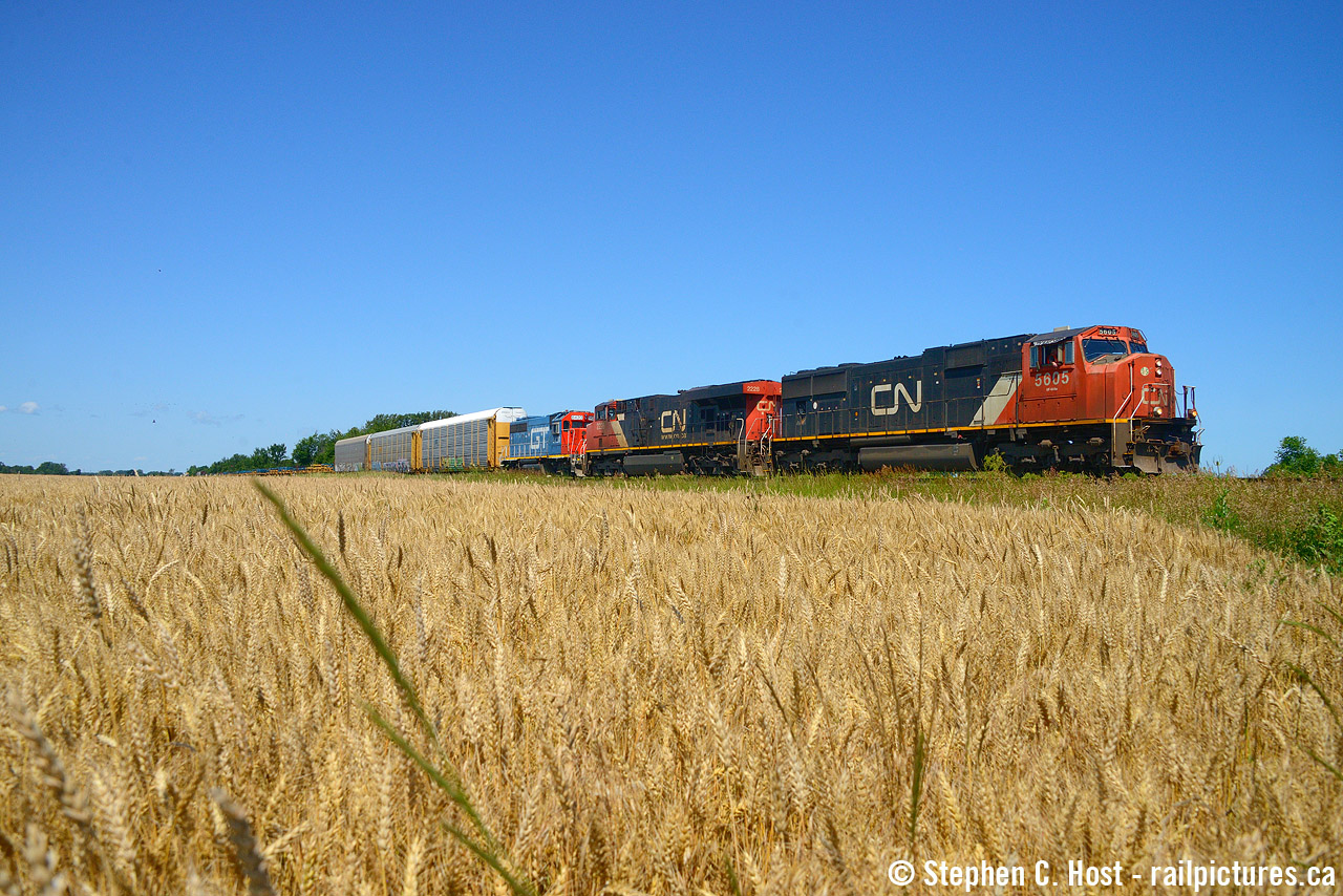Heading east on the Strathroy, it can look like the prairies if you want it to in a way. AN eastbound CN freight blasting through the fertile farmlands in Lambton County, once the railway was the life blood of the farmers and the only way to get product to market. Now only one rail customer remains on the Strathroy between the end of yard limits between London and Sarnia, at least it's an agricultural facility though.