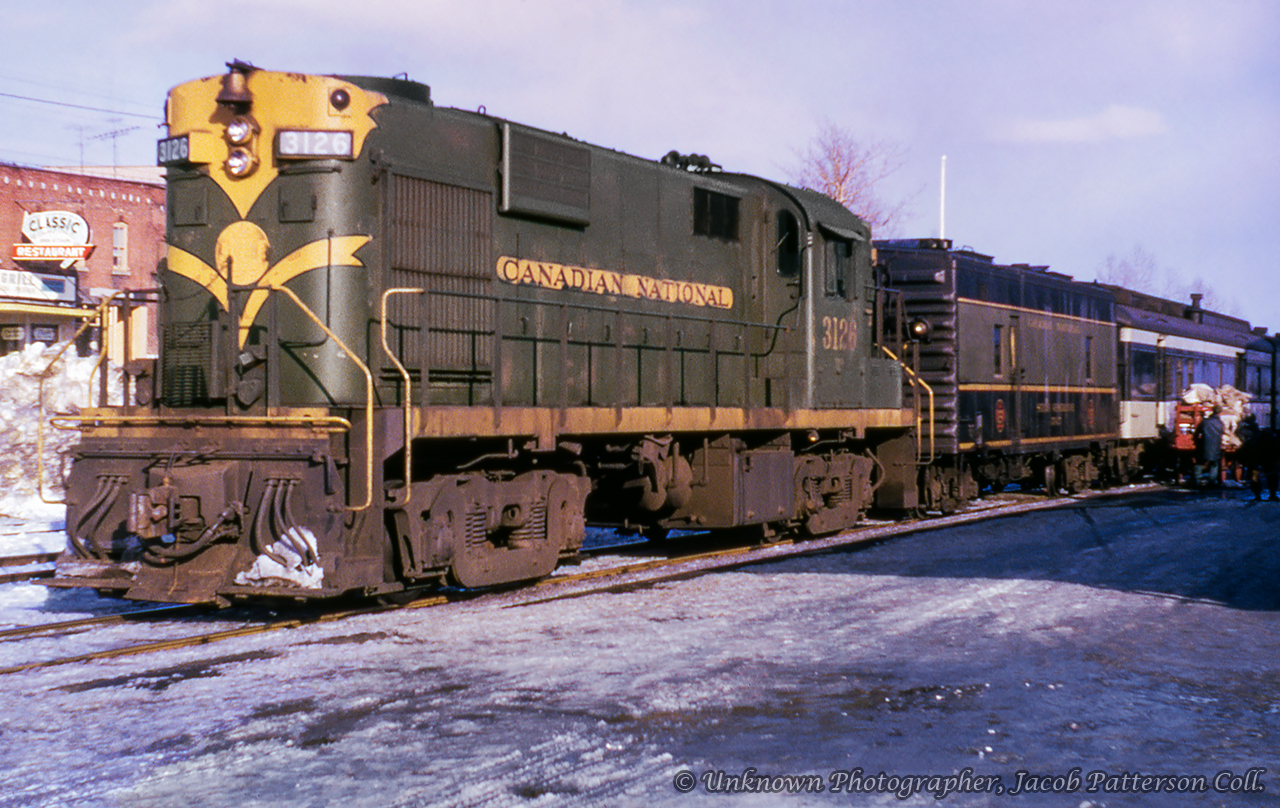 It is about 1615h and CNR 3126 has brought Quebec City - Cochrane train 11 into its terminus after a 20.5 hour journey through the crisp winter landscape of northern Quebec and Ontario.Original Photographer Unknown, Jacob Patterson Collection Slide.