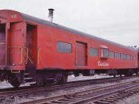 <br>
<br>
 Cartier Railway #V8  'comb-boose' is a  CC&F 1948 built ex CPR 2200 series coach.
<br>
<br>
 Cartier acquired at least four CPR 2200's between 1972 – 1976
<br>
<br>
At Port-Cartier, June 7, 1982 Kodachrome by S.Danko
 <br>
<br>
noteworthy
<br>
<br>
Prior to the CPR's Budd built equipment,  CPR  #2220 to #2298  were the core of the passenger fleet.  
<br>
<br>
CPR 2220-2234 built 1947-48 by National Steel Car, Hamilton, fitted out by CP's Angus Shops
<br>
<br>
CPR 2235-2298 built 1949-50 by Canadian Car & Foundry, Montreal.
<br>
<br>
CPR 2200's riding experiences on ONR & ACR; with those unique CPR trucks, the ride was superior to any of the CPR Budd built equipment
<br>
<br>
The Ontario Northland Polar Bear Express regular 1971 consists included leased CPR 2200 series coaches.
<br>
<br>
The Algoma Central Agawa Canyon excursion train 1970's consists included leased CPR 2200 series coaches  
<br>
<br>
More 2200's
<br>
<br>
     <a href="http://www.railpictures.ca/?attachment_id=  6411 "> three on #11    </a>
<br>
<br>
sdfourty

