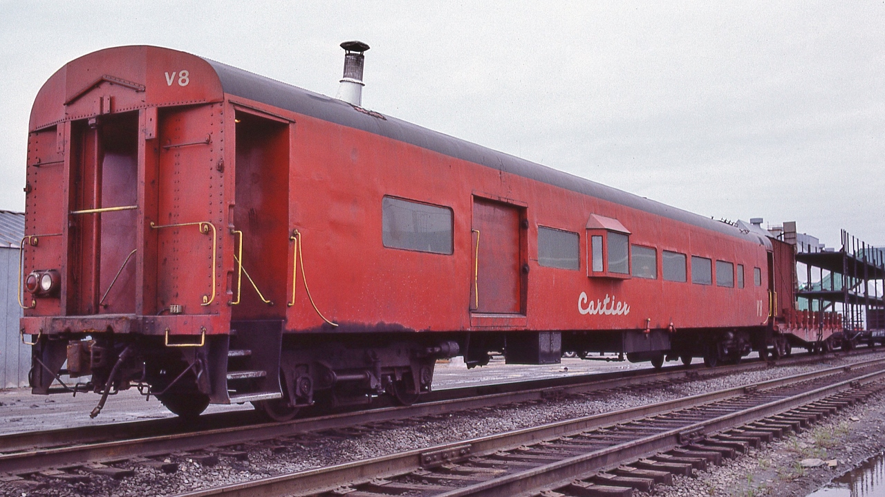 Cartier Railway #V8  'comb-boose' is a  CC&F 1948 built ex CPR 2200 series coach.


 Cartier acquired at least four CPR 2200's between 1972 – 1976


At Port-Cartier, June 7, 1982 Kodachrome by S.Danko
 

noteworthy


Prior to the CPR's Budd built equipment,  CPR  #2220 to #2298  were the core of the passenger fleet.  


CPR 2220-2234 built 1947-48 by National Steel Car, Hamilton, fitted out by CP's Angus Shops


CPR 2235-2298 built 1949-50 by Canadian Car & Foundry, Montreal.


CPR 2200's riding experiences on ONR & ACR; with those unique CPR trucks, the ride was superior to any of the CPR Budd built equipment


The Ontario Northland Polar Bear Express regular 1971 consists included leased CPR 2200 series coaches.


The Algoma Central Agawa Canyon excursion train 1970's consists included leased CPR 2200 series coaches  


More 2200's


      three on #11    


sdfourty