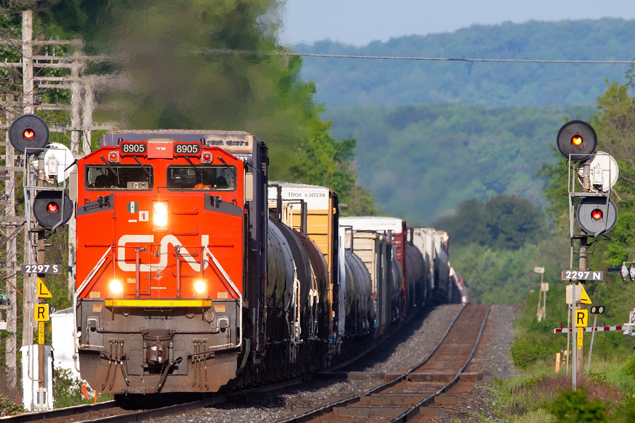 Stretched out across the Trent River CN 8905 covers the last few miles to Belleville where it will receive a new crew and continue east.
