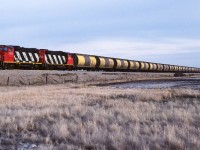 The Muskeg mixed, with an almost solid train of empty hoppers, is just north of Duagh at mile 4.7. This is one of the few spots on the Coronado where you can take a reasonable photo of longer trains. The coaches can sort of be seen at the back in this photo, no red caboose for sure. Nice combo of numbers for the units. No mistaking spring in Alberta, brown grass everywhere. Please see neighbouring photo for tail end equipment. Photo taken at 19:00.