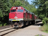 After a leisurely layover at the scenic Agawa Canyon Park, the Agawa Canyon Railroad's excursion train waits for passengers to re-board to begin the trip back south to the city of Sault Ste. Marie.