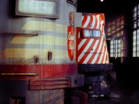 FPA-2 No. 4097 and FP9A 1411 resting in Canadian Pacific's John Street Yard Roundhouse, October 1970