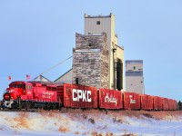 Wolseley is home to two wooden grain elevators, both still in service. Here, CP 2249, leading the Holiday Train, blasts by on its journey to the stop in Indian Head. They ended up being ahead of schedule arriving in Indian Head by about 10 minutes, and from what I heard they were about 40 minutes behind earlier in the day.