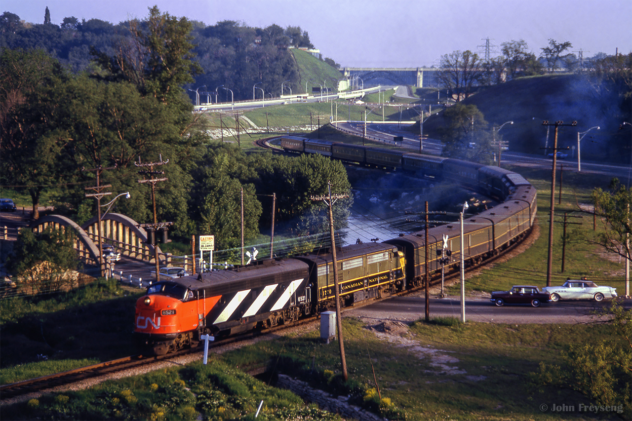 Joint CN/ONR train 49, The Northland from Toronto to Cochrane heads north through the Don Valley at Pottery Road.

Scan and editing by Jacob Patterson.