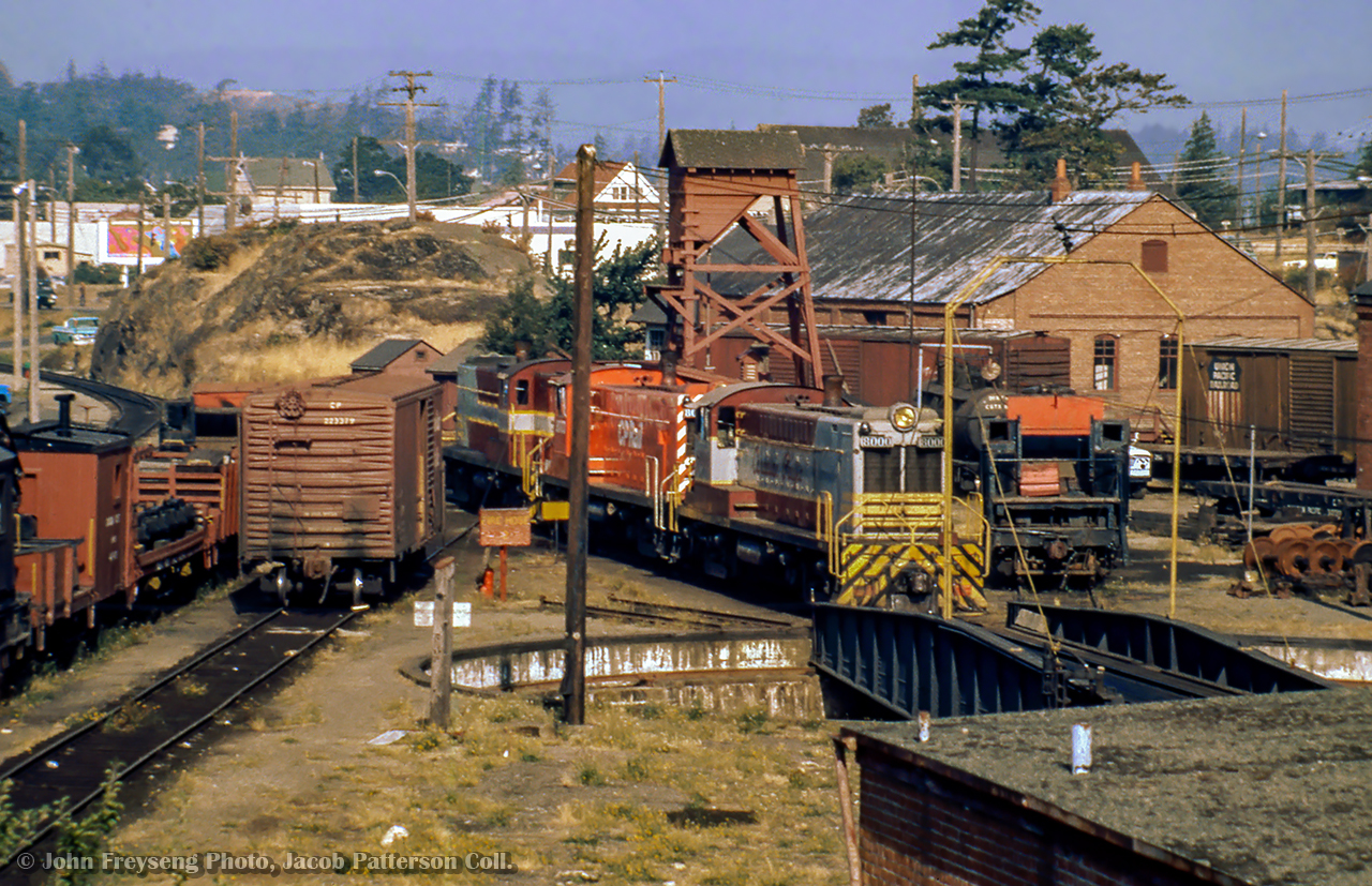 CPR Baldwins assigned to the Esquimalt & Nanaimo division sit near the roundhouse in Victoria, B.C.

John Freyseng Photo, Jacob Patterson Collection Slide.