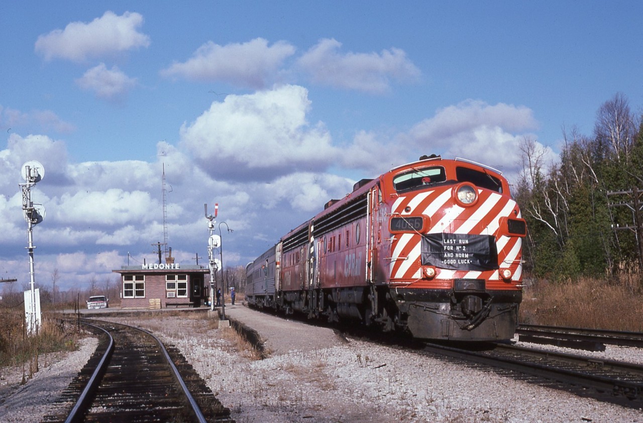 The last run of the CP Canadian #2 prior to the switch to CN track.
Medonte Station could be a busy place with the tracks to Port McNicoll and Uhtoff quarry branching of just  north of the station.

Now the train and station are long gone at this location