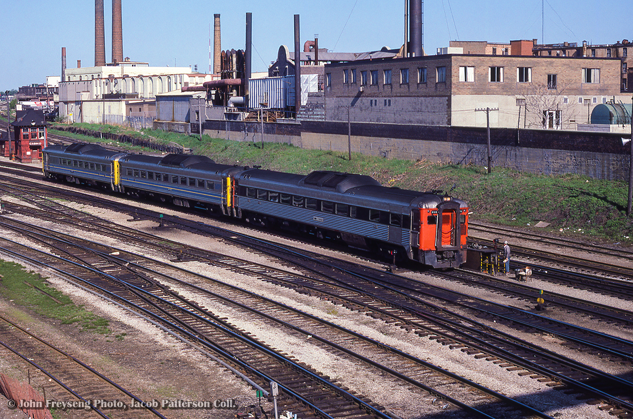Just before 0900, VIA 682 from Sarnia via Brantford passes Cabin D at Bathurst Street, minutes from arrival at Toronto Union Station.John Freyseng Photo, Jacob Patterson Collection Slide.