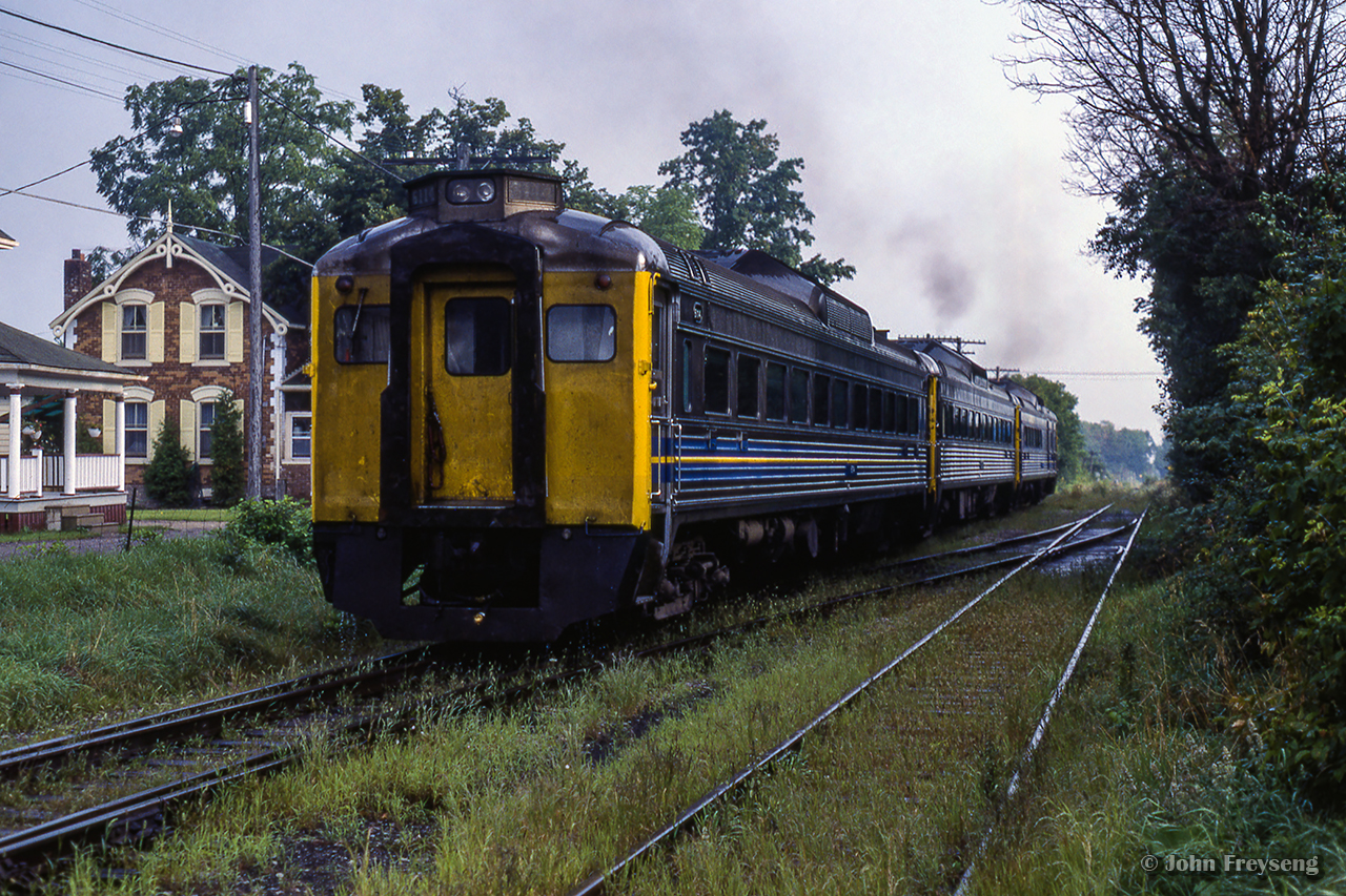 Budd cars from train 632 are seen departing Stouffville for Spadina as equipment move 633 near the end of August, 1982. In the coming days trains 631/632 will make their final runs on Friday, September 3, 1982, with GO Transit assuming operations the following Tuesday, September 7.

Scan and editing by Jacob Patterson.