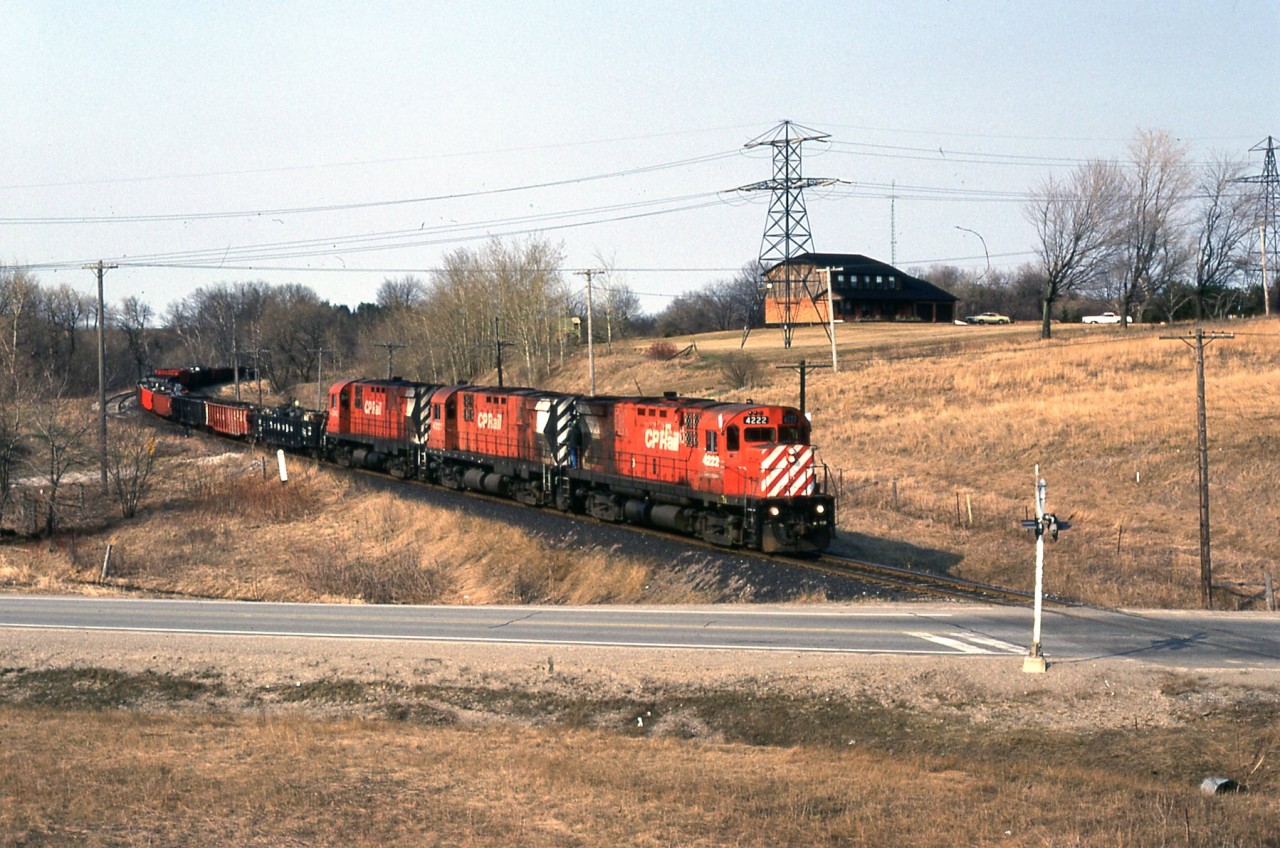 A trio of CP units heading to Nanticoke on the steel train.
This is old TH & B track since removed.