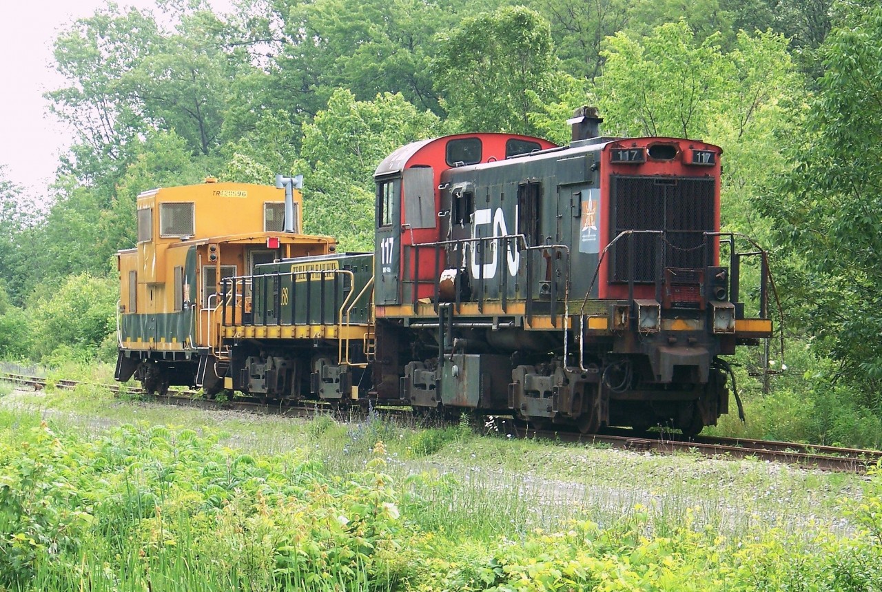 Mini-storage line of Trillium back in mid-2008.  I assume these all were lined up for scrapping.  Shown are TRRY 117 (MLW S-13), Slug 168 (from MLW S-3) and caboose TR420596, formerly CP.