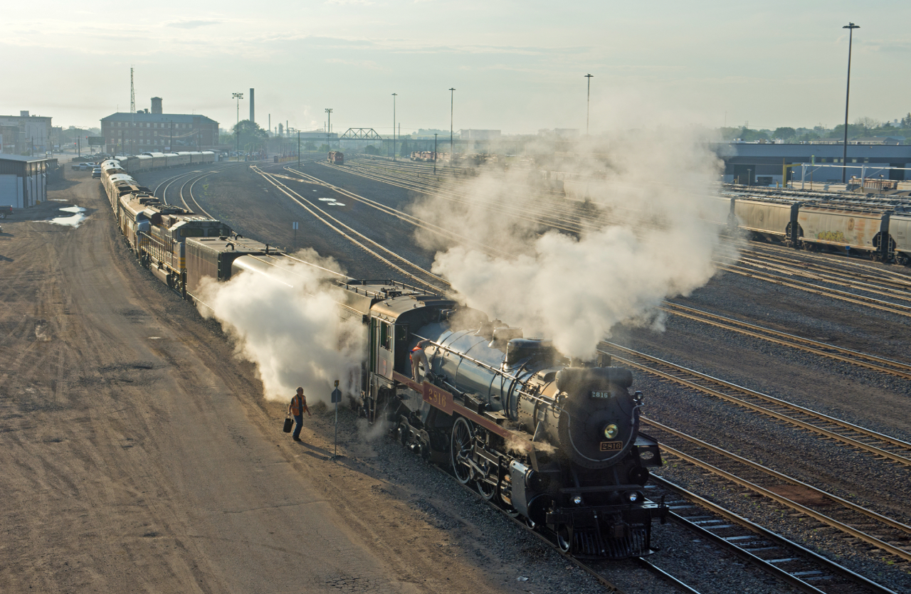 About to begin the second-last day of its Calgary-Mexico City-Calgary round trip, CP 2816 is brought to life in the early morning hours at Moose Jaw SK.