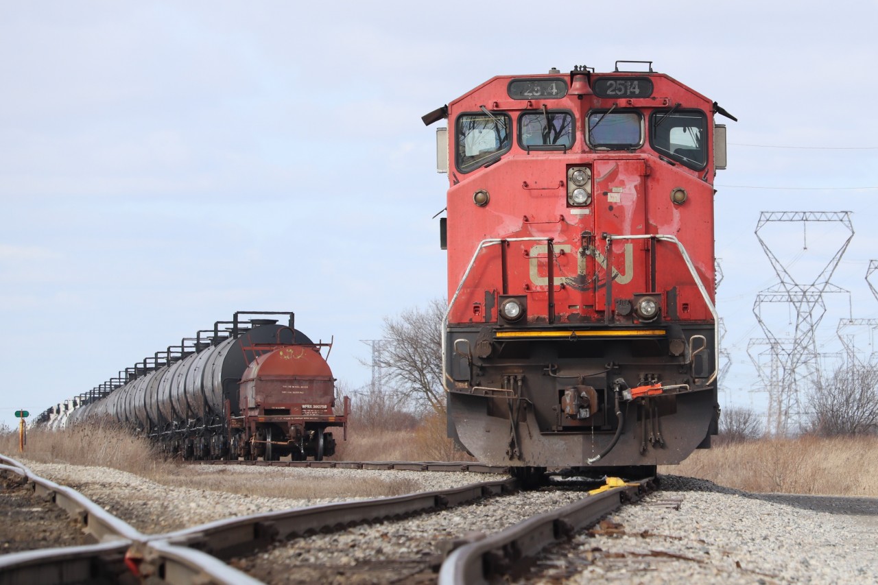 CN 2514, one of the very few remaining C44-9WLs, is seen on point f what was this mornings 502. However, I wouldn't catch this unit in action, as school time was right in the way. To make matters worse, the Hagersville subdivision runs right beside my school, so I had to resist the urge to run from class and see this beauty on the move. LOL!