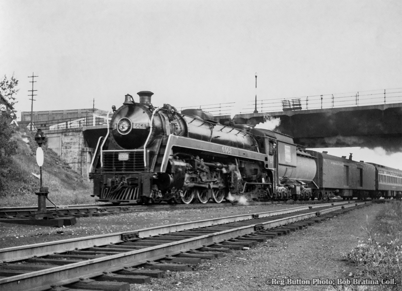 CNR 6068 departs Hamilton timetable eastbound on what appears to be train 94, The Maple Leaf, based on the NYC Pullman sleeper in the consist.

Reg Button Photo, Bob Bratina Collection.