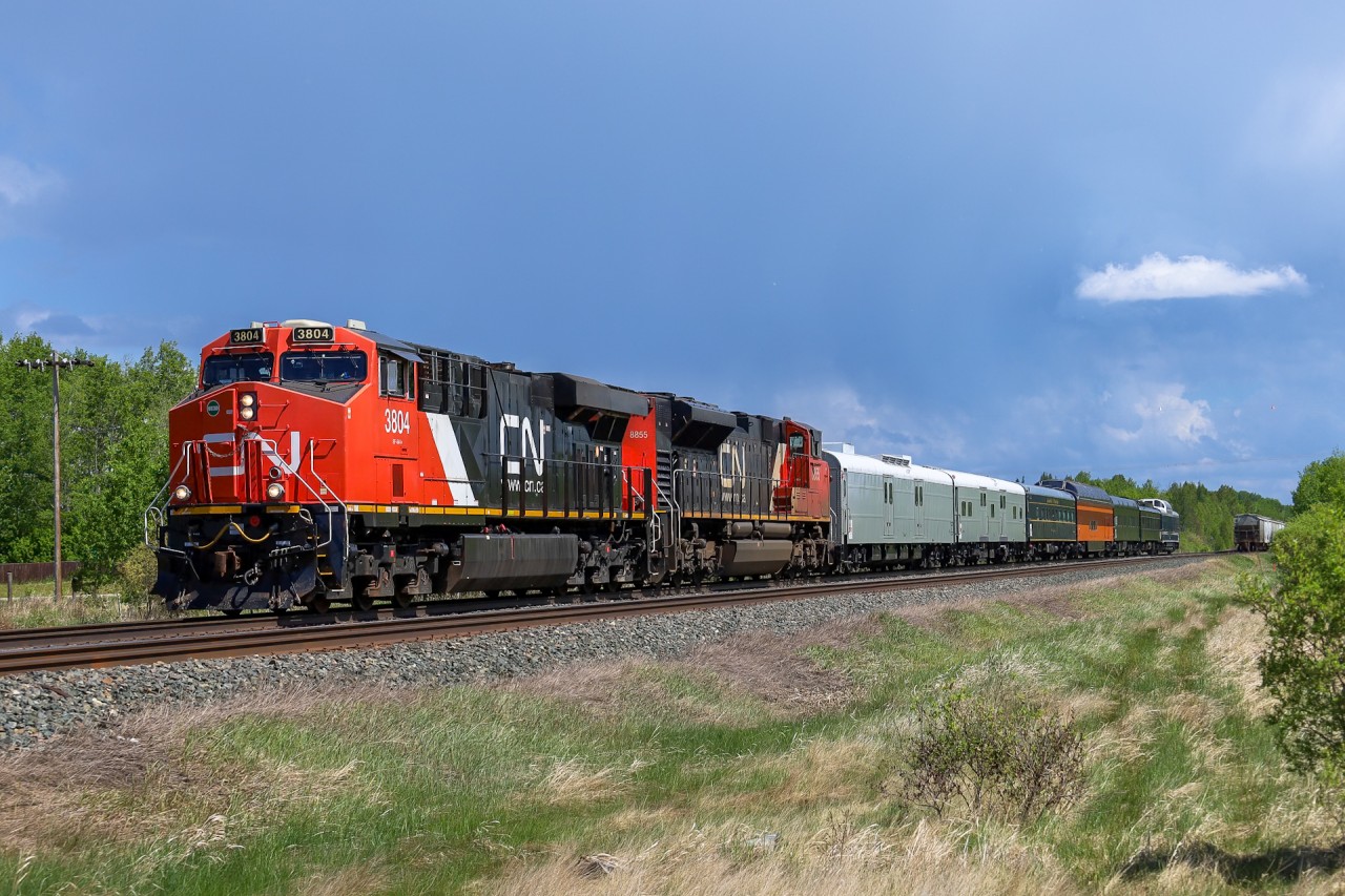 CN P 00981 01 rolls through Duffield with CN 3804, CN 8855 and seven coaches from the Milwaukee 261 Steam Program. The train originated at New Brighton, Minnesota and operated to Jasper, Alberta for the Safety Week Business Train. The cars on the train are: NSRX 801400 NSRX 801401 NSRX 800482 NSRX 800862 NSRX 800034 NSRX 800393 NSRX 800212