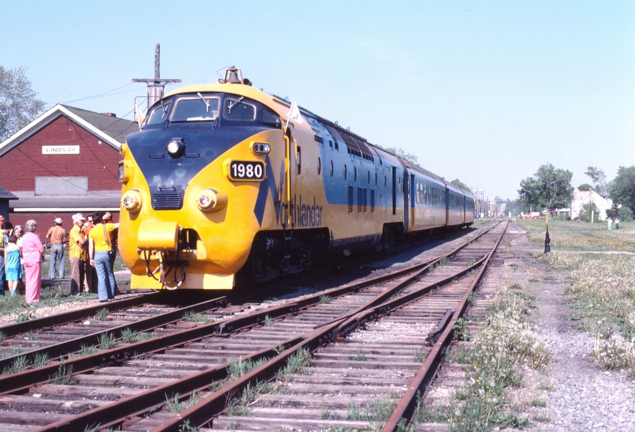 Ontario Northland's TEE trains arrived in Toronto in the spring of 1977 and made their first run on their Toronto-Timmins route June 9, 1977 (source: TRHA web site). These novel trains were promoted in varous ways, including display in Belleville which was followed by a UCRS sponsored excursion from Belleville to Toronto over "the back route" (Campbellford and Uxbridge subs) on May 27, 1978--shown here at Lindsay. The original 1957 Werkspoor locomotives were replaced by FP7s in 1980.