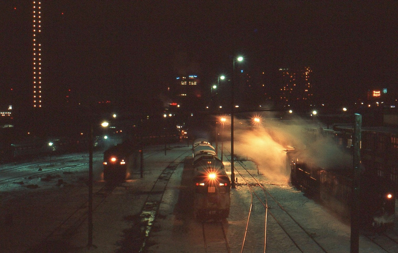 FPA-4's


RDC's


GP-40's in passenger service


Steam Generators,


And how we all miss the steam heated passenger equipment – even the in the diesel age,


the steam heat made the passenger equipment feel 'alive'...& more than just the visual, the sounds ….the odour.... 


Early evening at the Roundhouse, before the late afternoon, early evening arrivals,


most power would be 'on the road', coming from everywhere...


at CN Spadina,  on a very cold – wind the film advance s l o w l y - January 2, 1977 Ektachrome by S.Danko


and the vertical line of lights is the  six month old completed CN Tower.