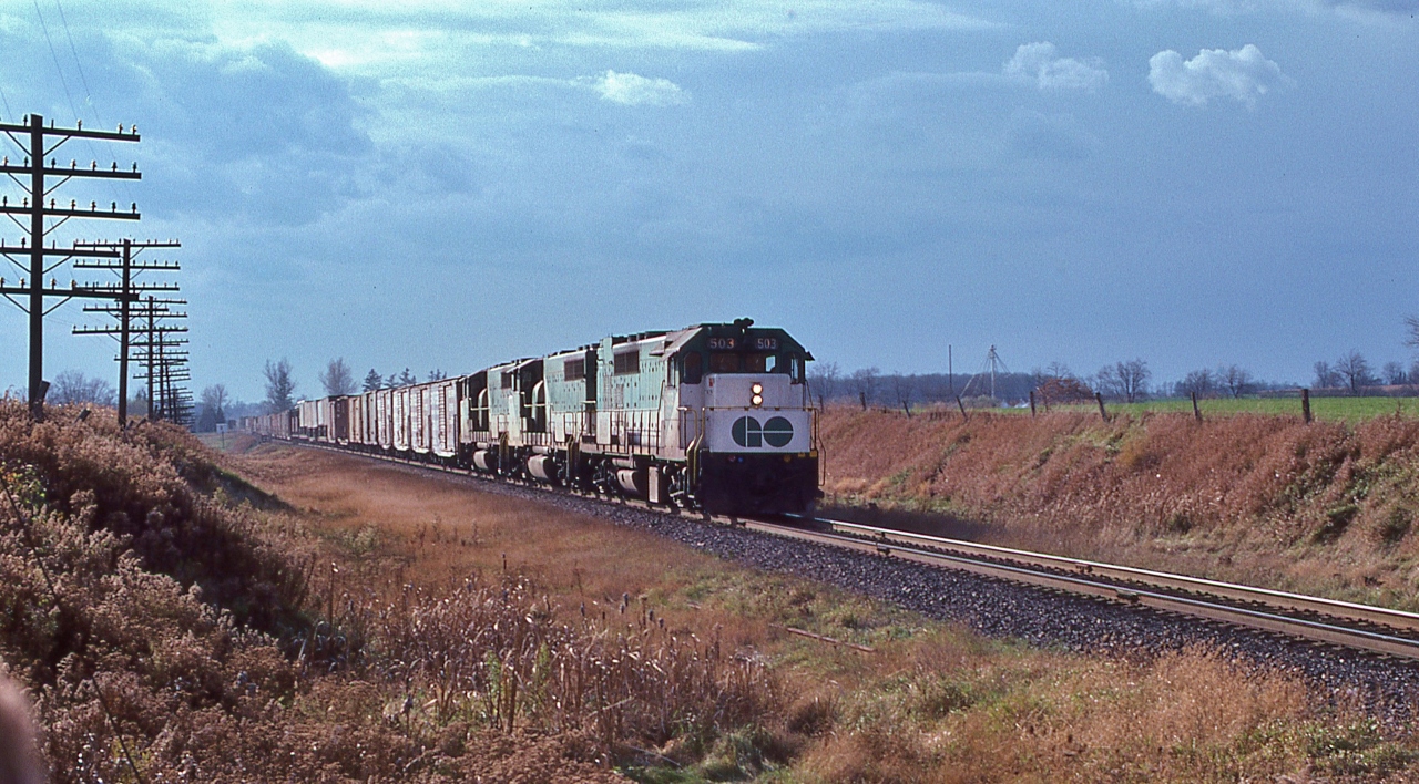 Track Speed - Fast Freight


powered by 83 mph GMD's GO units,


under November leaden-ing skies


CP Rail 904 near Zorra, Saturday November 3, 1979 Kodachrome by S.Danko


Power


GO 503 GMD 1966 built GP40TC to Amtrak #195 in 1988; plus two GMD 1974 built GP40-2(W) to CN in 1991.