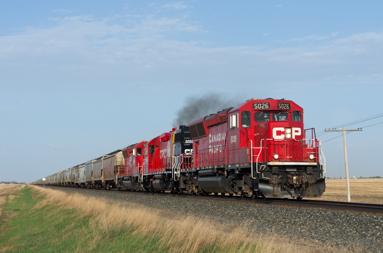 Here is a fine sight for 2025, three standard cab units and 100+ cars hustling down the mainline at speed.  CP SD30ECOs 5026 and 5034 bracket recently repainted GP38-2 3058 as the trio lead a loaded unit grain train west toward Moose Jaw.