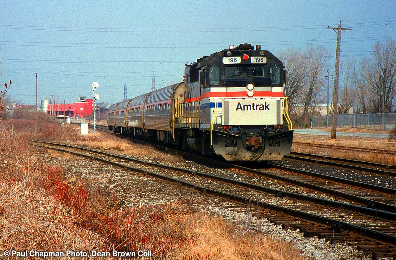 AMTK GP40TC 196 ex-GO unit leads the Maple Leaf between Toronto and New York.