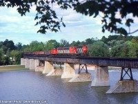 CN GP9 4572, CN F7Au 9166, and CN F7Au 9177 crossing the Grand River on the CN Hagersville Sub heading Southbound.