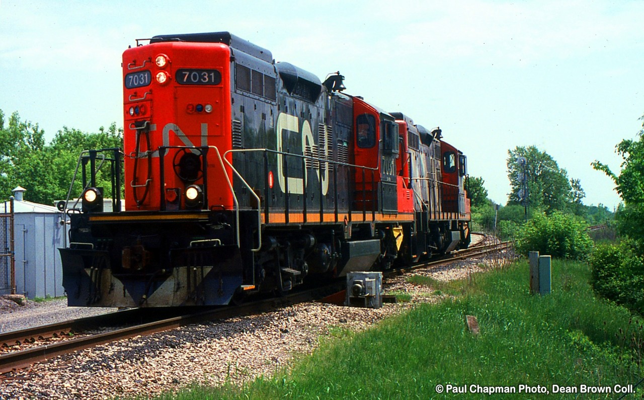 CN GP9RM 7031 heads south towards Thorold.