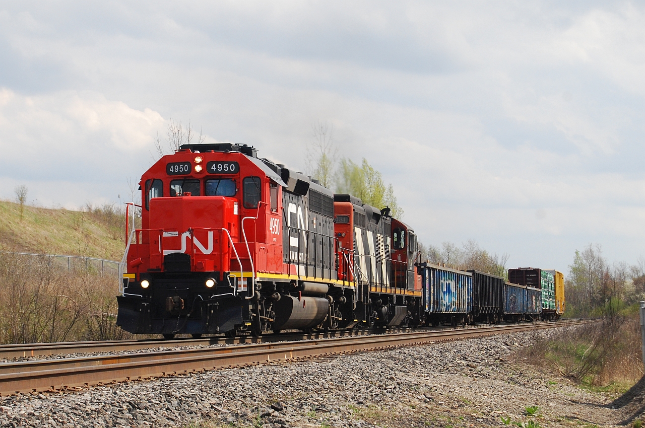 A candidate for the railway modeller's 'prototype for everything' department.
Recently repainted CN GP38 #4950 leads rebuilt GP9 #4131 Eastbound up the Halton sub on a local on an May afternoon.  The consist includes 4 gons, a centre spine flat car and a box car, presumably headed for industry around Milton. 
In the age of heavily silenced SD70s etc, these two old-timers were making a glorious noise as they plodded east.