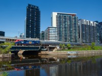 50th anniversary unit AMTK 108 leads the southbound <i>Adirondack</i> past the Peel Basin.
