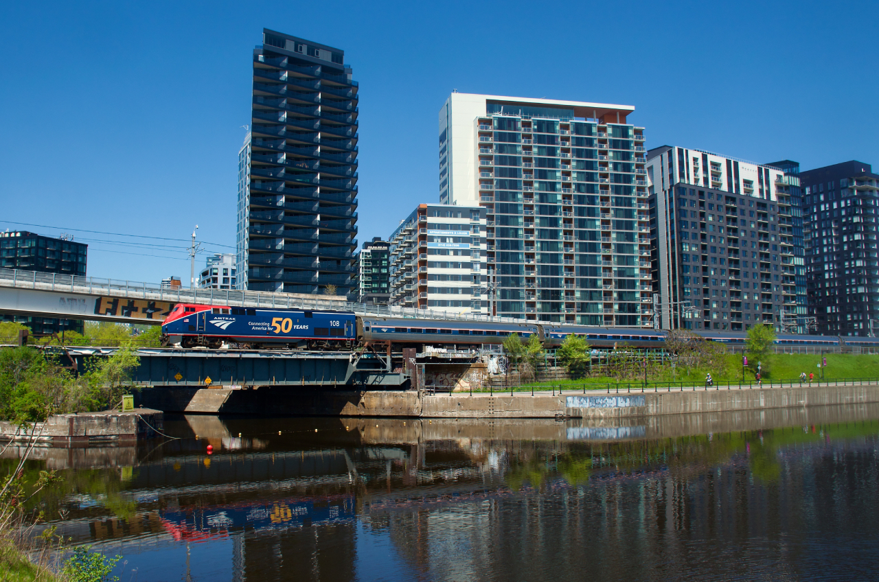 50th anniversary unit AMTK 108 leads the southbound Adirondack past the Peel Basin.