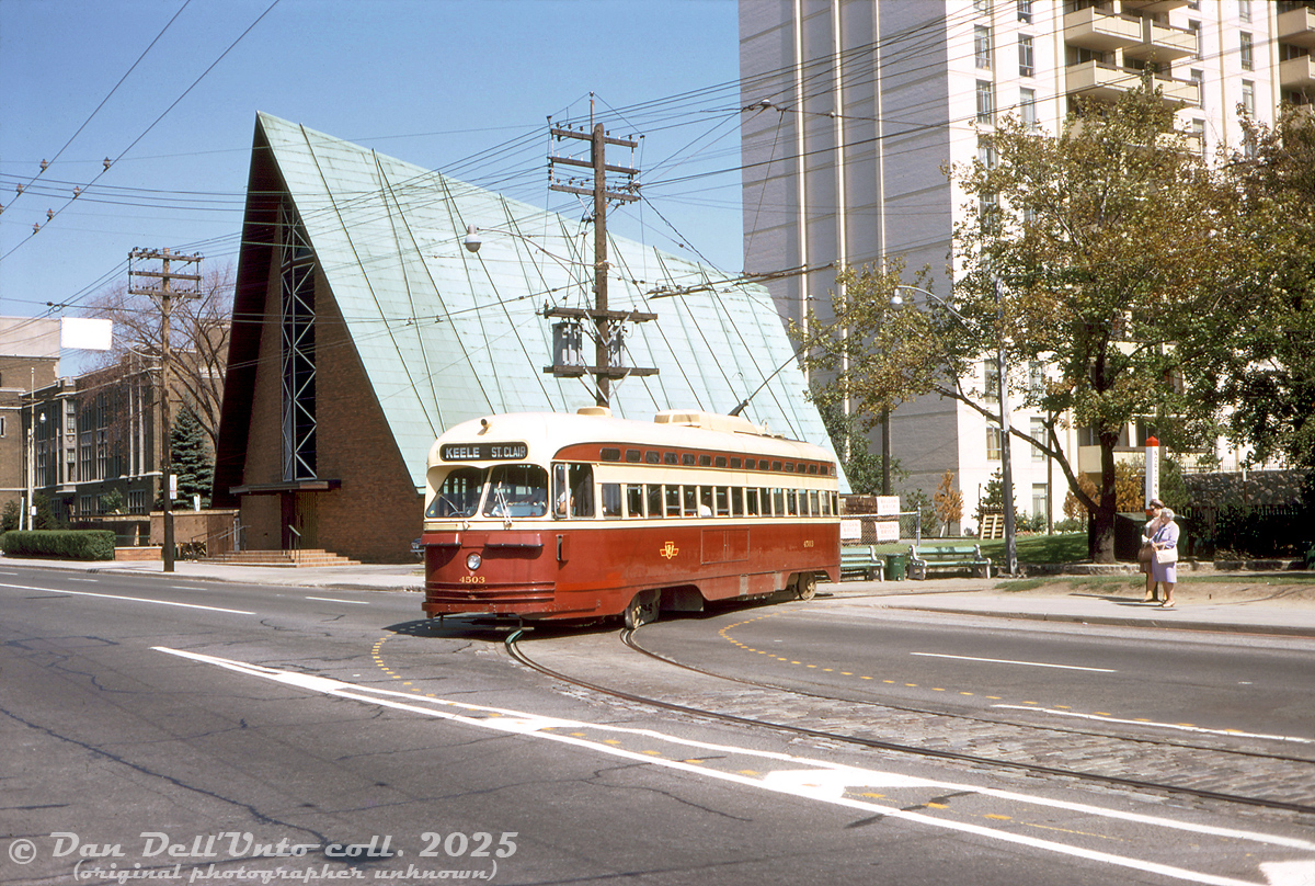 A sunny Summer's day in 1970 finds TTC PCC 4503 (A8-class, CC&F 1951) departing Eglinton Loop at the northernmost point of the St. Clair streetcar route, just north of Eglinton Avenue East along Mount Pleasant Road. The peaked building in the background is St. Peter's Estonian Evangelical Lutheran Church (opened 1955), and beyond that the Northern Secondary School (built 1930). Two women wait at the streetside bus stop for the northbound Route 61 Nortown trolleybus service (Avenue Rd-Eglinton-Mount Pleasant).

St. Clair and then later Mount Pleasant route streetcars turned at this quait little loop until streetcar service up Mount Pleasant was discontinued in July 1976, and the loop turned into a trolleybus loop. Today, Eglinton Loop is still in use for Route 74 Mount Pleasant diesel buses, but enclosed by the Moore Park apartment building development. The opening of the Eglinton Crosstown line and its Mount Pleasant Station across the street may increase the loop's importance in coming years.

Original photographer unknown (possibly a John H. Eagle photo), Dan Dell'Unto collection slide.