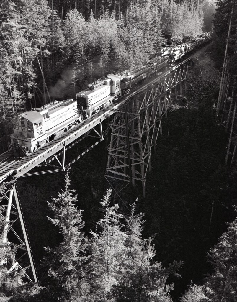 Tucked away in the woods along the east side of Nimpkish Lake on northern Vancouver Island was a typical Canadian Forest Products bridge over Noomas Creek.  By clambering up a rock face on the northwest end (a perch often contemplated from rail level), this view of a northward train of logs powered by DB-equipped SW1200s 304 + 303 was caught on Wednesday 1988-09-21, capturing the full depth of that bridge, well worth the walk in and climb up.

CFP 303 survives today as Western Forest Products 303 on display at Woss, 24.6 rail miles to the south at GPS 50.20980, -126.60296.