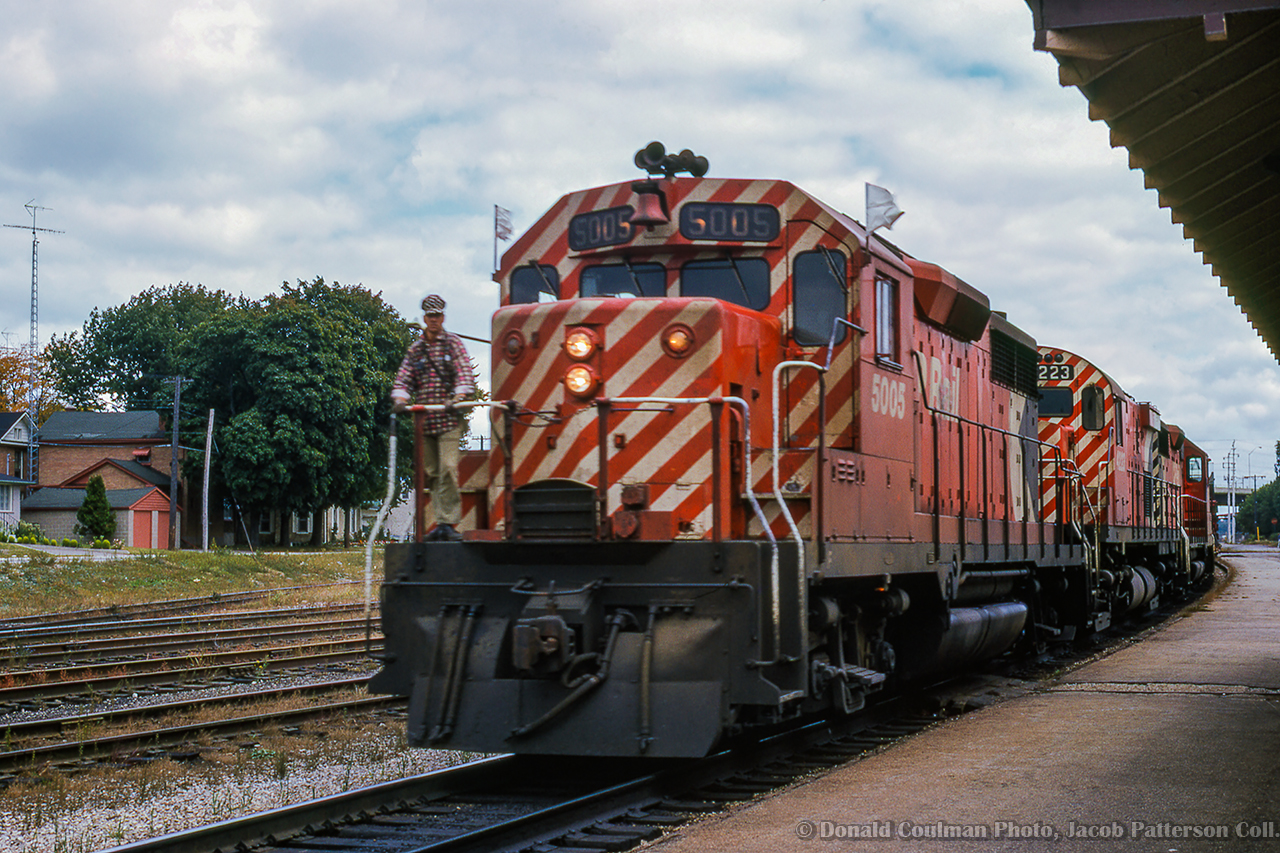CP Extra 5005 west rumbles by Galt station, approaching the grade up to Orr's Lake.

Donald Coulman Photo, Jacob Patterson Collection slide.