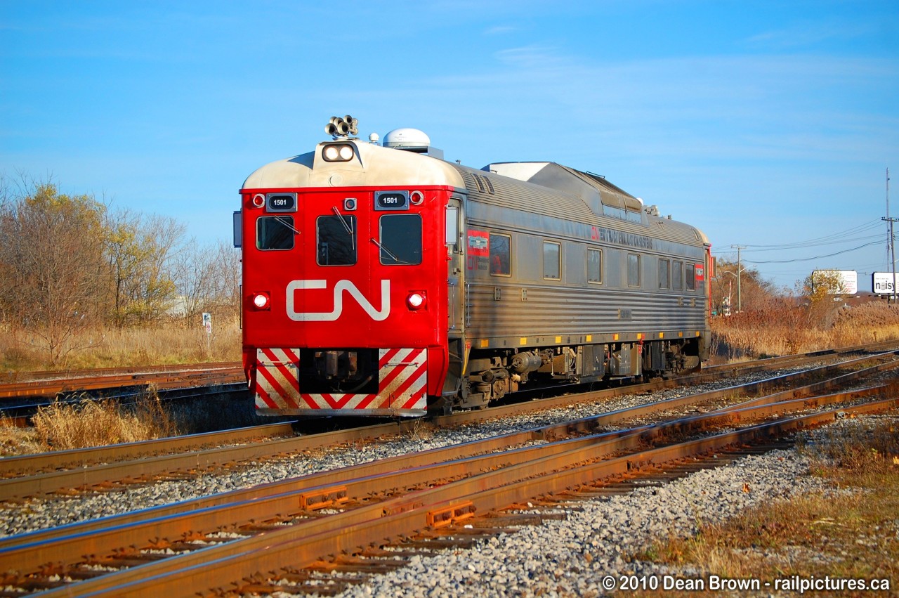 CN RDC-1 1501 Track Geometry Car heading west to Hamilton after doing its testing in the Niagara Region.