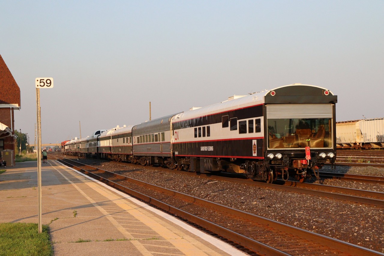After completing Canada Customs check in at the VIA station, CN's executive train rolls through on the south track down to "A" yard to park for the night next to the yard tower.