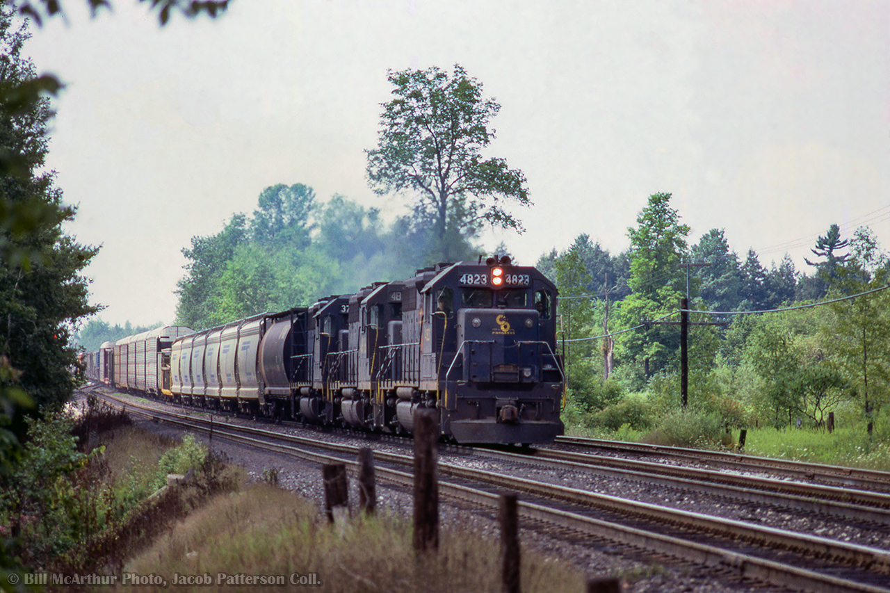 With all leased units from B&O and C&O lines, CPR 924 is eastbound at First Line, on the approach to Guelph Junction.Bill McArthur Photo, Jacob Patterson Collection Slide.