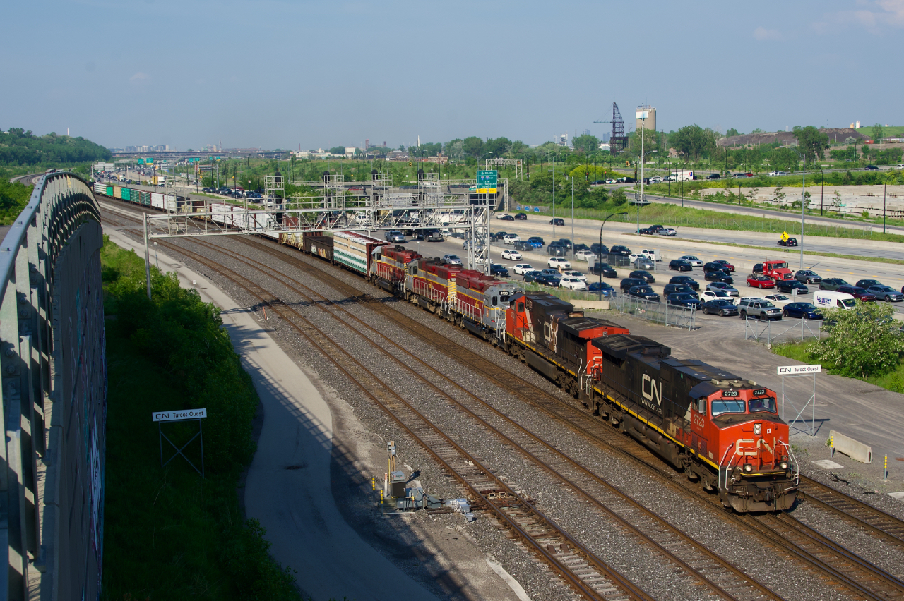 After hearing that CN had bought the Iowa Northern Railway, I was not expecting to see their power in far off Montreal, but it just goes to show that you should expect the unexpected....

Three IANR Geeps had arrived in Montreal on CN X276 at the end of May, gone east on CN 400 and then oddly came back west a few days later on CN 401. Since then they have finally entered local service in and near Montreal.  

Here CN 401 passes Turcot Ouest with IC 2723, IC 2704, IANR 4100, IANR 3802 & IANR 3800.