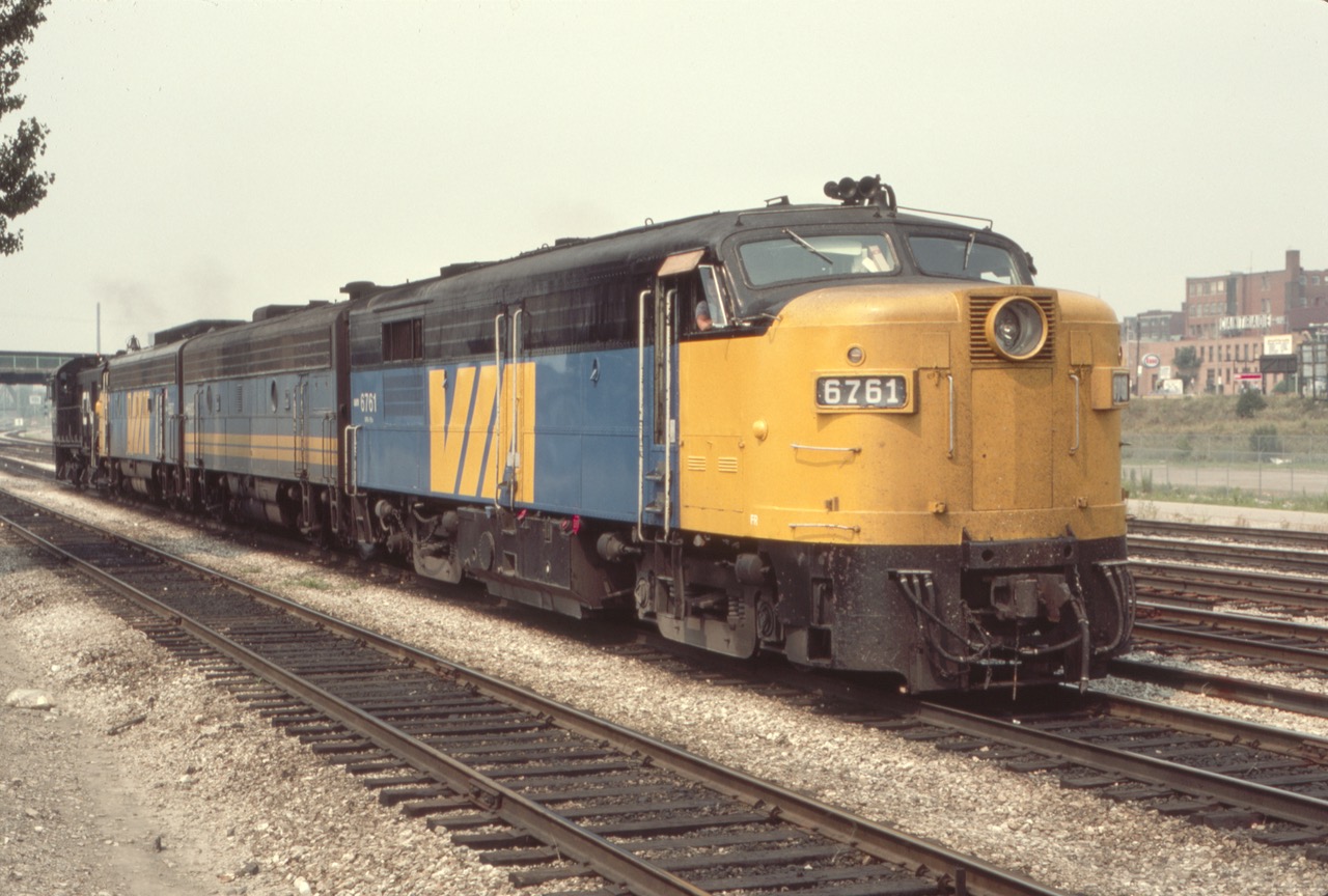 A switch crew brings down Via Rail power to the west end of Toronto Union Station with Via FPA4 6761 leading - August 1985. It was great to see those MLW "Alcos" still at work - now sadly long gone.