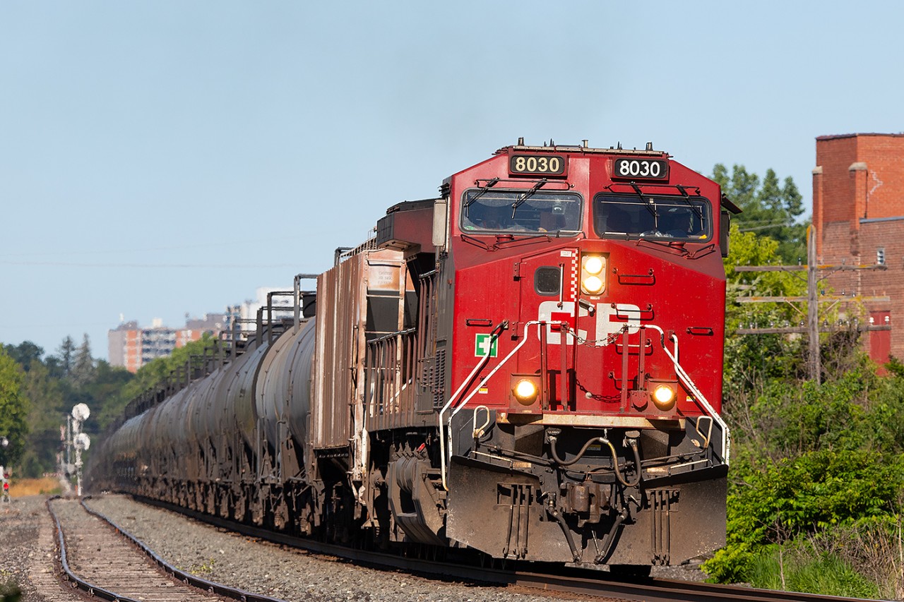 CP 8030 leads eastbound through Belleville in what is becoming a less common sight with fewer CP painted leaders operating on the Belleville Sub.
