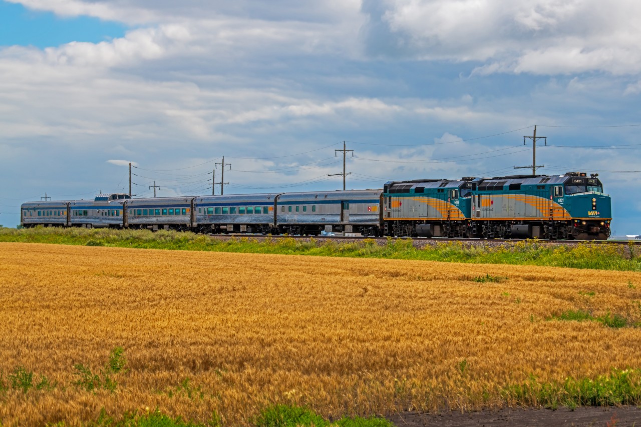 VIA Rail 693 heading West out of Winnipeg. They are in the early stages of their over two day trip to Churchill Manitoba.