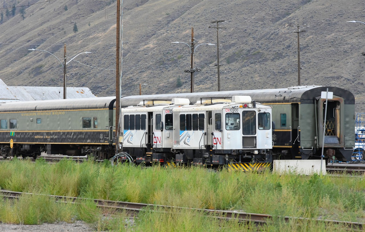 CN Passenger Equipment  
CN 10800 & CN 10900 haven't moved from their deadline location in Kamloops yard for quite some time now. 
They are now joined by other former CN passenger equipment. 
KHR 402 Monte Lake (ex-VIA 5592, nee-CN 5592) built 1954. 
KHR 403 Riverside Park (ex-VIA 5590, nee-CN 5590) built 1954.