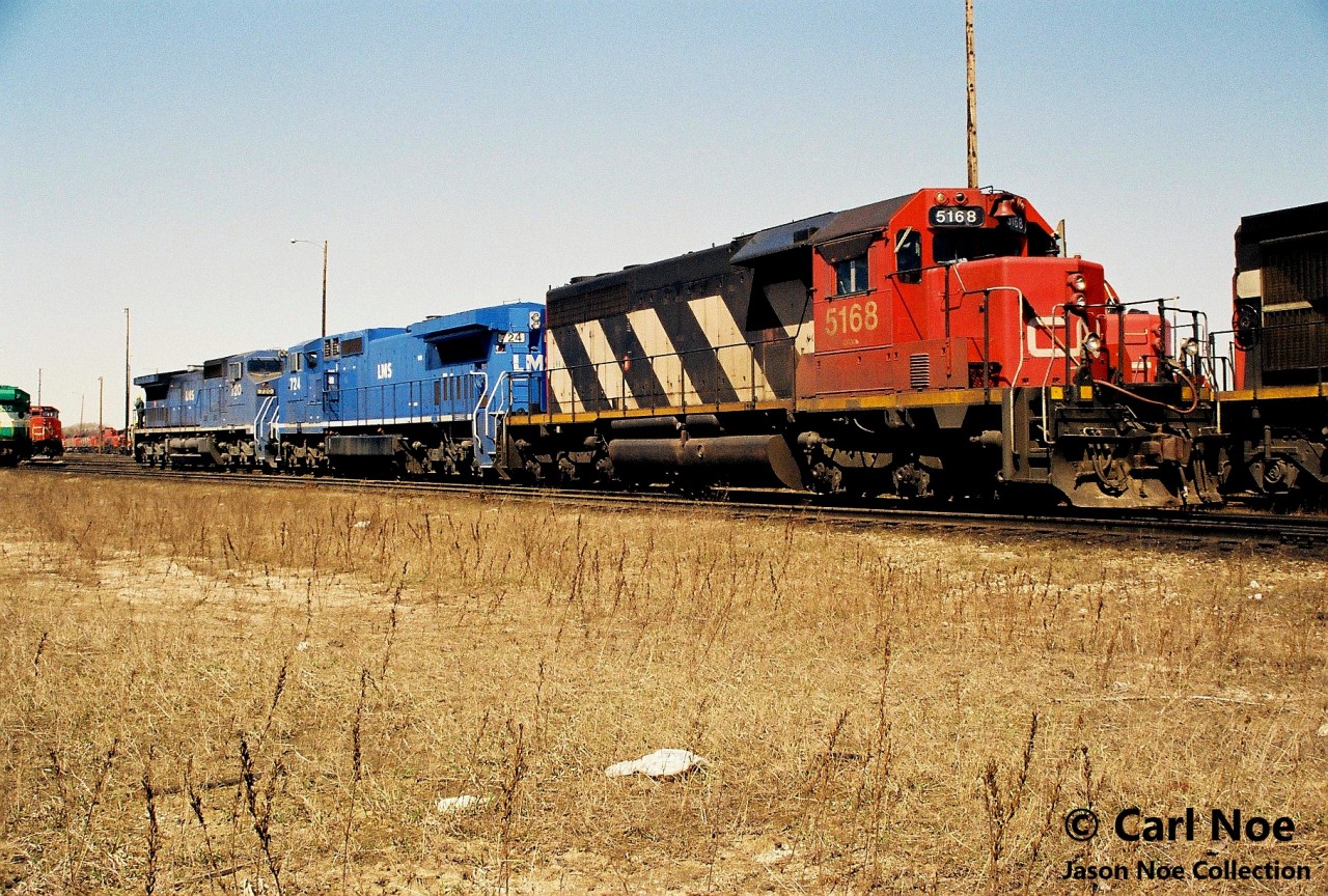 During a spring afternoon, CN SD40 5168 and leased LMSX C40-8W’s 724 and 720 are being marshalled around the MacMillan Yard diesel shop tracks as they await their next assignments. In the mid-90’s LMSX units 700 to 739 would spend months on CR and the rest of the time over the fall and winters on a seasonal lease to CN.