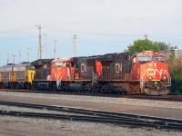 Tonight's 417 is an interesting one--trailing the normal power we have a CN "military" unit and the FP9A/F9B units from the Alberta Railway Museum headed for public display in Jasper on the upcoming long weekend. Unfortunately, the train would depart after dark because the F9B had to be set off. (It made tomorrow's train.)Complete consist ET44AC 3167, SD75IACC 8332, ET44AC 3233, FP9A 6514, and F9B 6614.