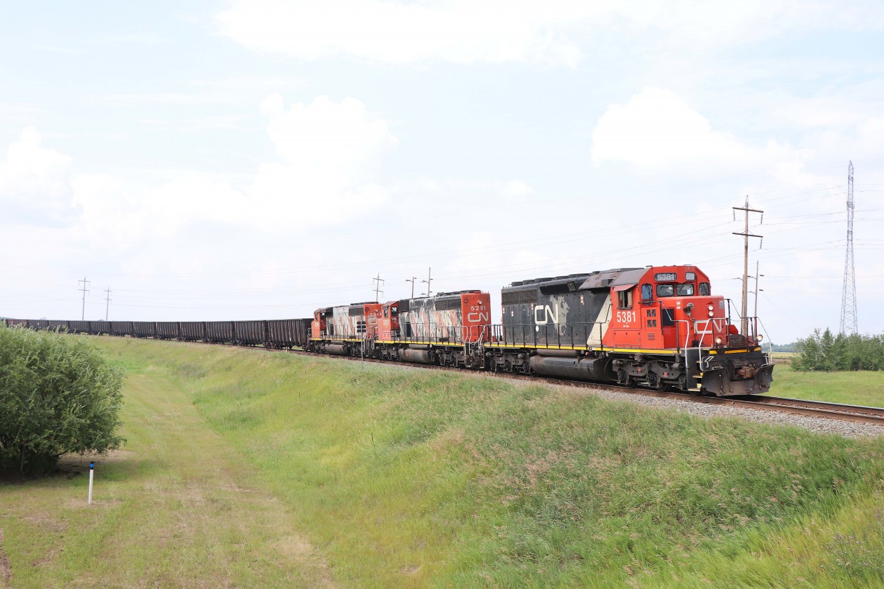 After being held out for the Board of Directors' inspection train and waiting for L51251 to depart (behind a pair of SD40-2Ws), L52251 finally gets a light into Scotford Yard (behind SD40-2 5381, and SD40-2Ws 5281, and 5268). These operations are well described in A J Shewan's article "Alberta's Heartland, Where CN Six-Axle Locomotives Roam" in the February 2021 issue of Railfan and Railroad magazine.