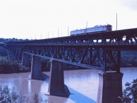 No. 301, the morning Dayliner from Calgary, crosses the North Saskatchewan River at mid-day on its way to CP's downtown Edmonton station. While CP no longer uses this bridge, from mid-May-Thanksgiving you can ride the Edmonton Radial Railway Society's streetcar between downtown and Strathcona (location of the car barn) over the High Level Bridge.