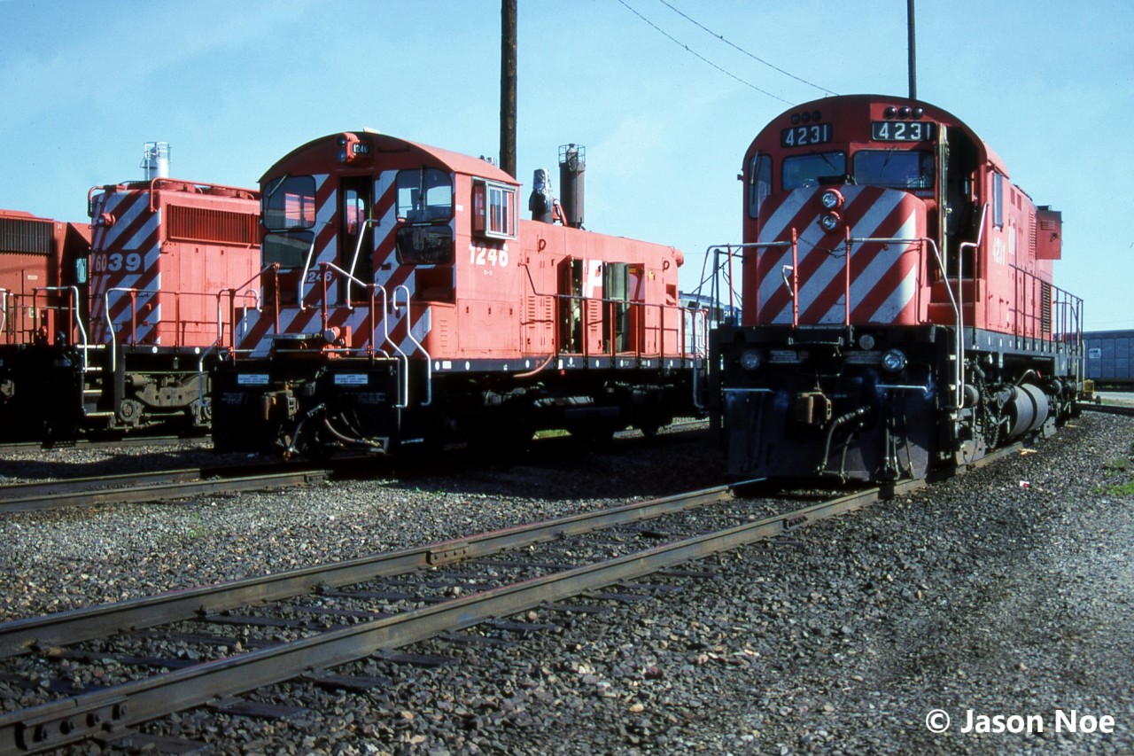 CP SD40-2 6039, SW1200RSu 1246 and C-424 4231 are pictured at CP’s Toronto Yard diesel shop in Scarborough, Ontario getting some attention by shop crews. The following year 1246, which was built as SW1200RS 8137, would be converted to Slug 1021.