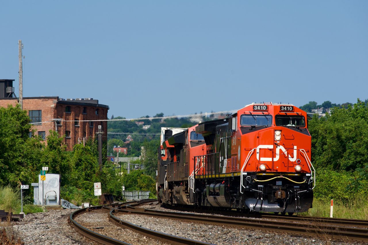 CN 120 has brand new rebuild CN 3410 leading. It had arrived into Montreal on CN 122 the previous night.