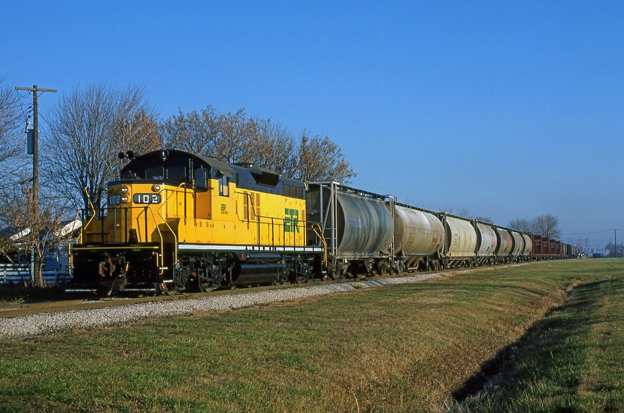 Built as Algoma Central 172, Essex Terminal 102 heads for Ojibway Yard in Windsor's west end. This was the last GP9 built and now works for the Ontario Southland Railway, still numbered 102.